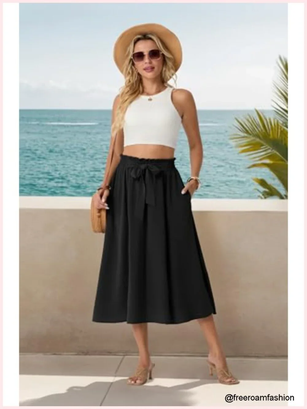 High Waisted Flowy Midi Skirt with Pockets Lightweight Summer
